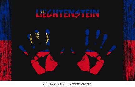 Vector flag of Liechtenstein in the form of peaceful palms with text and brush strokes on a black background.