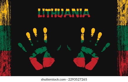 Vector flag of Lithuania in the form of peaceful palms with text and brush strokes on a black background.