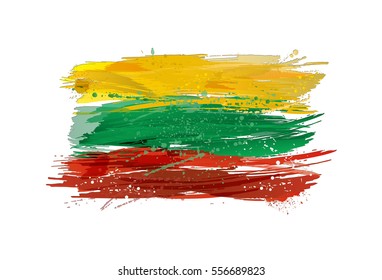 Vector flag of Lithuania made with colorful splashes. Paint smears, grunge texture. Isolated design element.