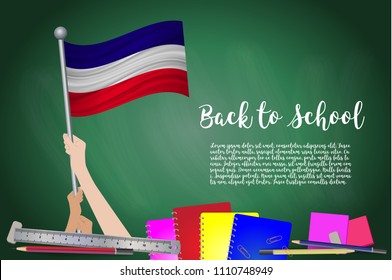 Vector flag of Los Altos on Black chalkboard background. Education Background with Hands Holding Up of Los Altos flag. Back to school with pencils, books, school items learning and childhood concept.