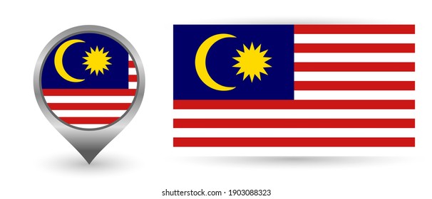 Vector flag Malaysia. Location point with flag Malaysia inside. Color symbol isolated on white background. 