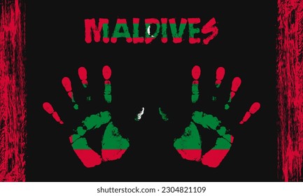 Drapeau vectoriel des Maldives sous forme de palmiers pacifiques avec texte et coups de pinceau sur fond noir.