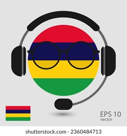Bandera vectorial de Mauricio con audífonos y gafas, ilustración vectorial. 