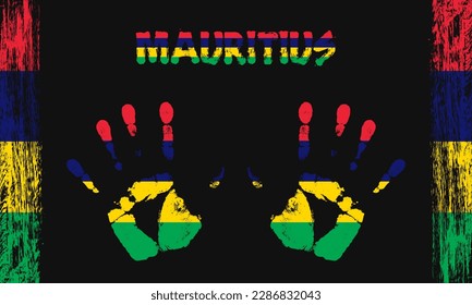 Vector flag of Mauritius Islands in the form of peaceful palms with text and brush strokes on a black background.