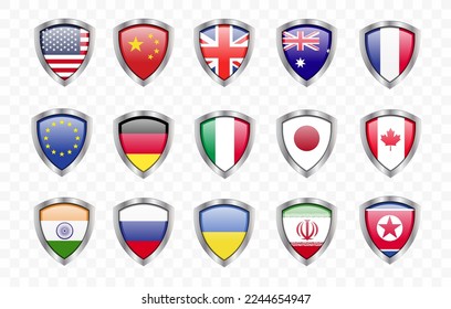 Vector flag in Metal shield frame silver steel metallic 3D icons sign design