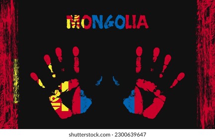 Drapeau vectoriel de Mongolie sous forme de palmiers paisibles avec texte et coups de pinceau sur fond noir.