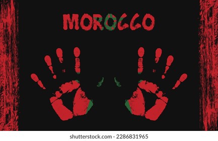 Vector flag of Morocco in the form of peaceful palms with text and brush strokes on a black background.