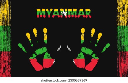 Drapeau vectoriel du Myanmar sous forme de paumes pacifiques avec texte et coups de pinceau sur fond noir.