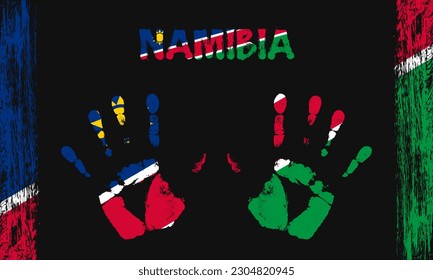 Drapeau vectoriel de Namibie sous forme de palmiers paisibles avec texte et coups de pinceau sur fond noir.