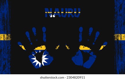 Drapeau vectoriel de Nauru sous forme de palmiers paisibles avec texte et coups de pinceau sur fond noir.