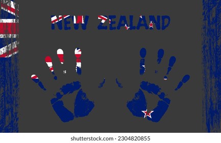 Drapeau vectoriel de Nouvelle-Zélande sous forme de palmiers paisibles avec texte et coups de pinceau sur fond noir.