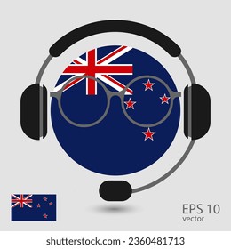 Vector flag of New Zealand with headphones and glasses, vector illustration. 