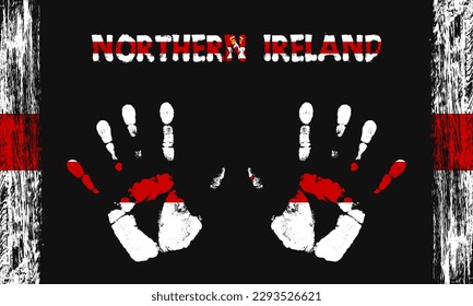 Vector flag of Northern Ireland in the form of peaceful palms with text and brush strokes on a black background.