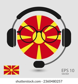 Vector flag of Northern Macedonia with headphones and glasses, vector illustration. 
