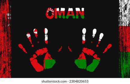 Drapeau vectoriel d'Oman sous forme de palmiers paisibles avec texte et coups de pinceau sur fond noir.