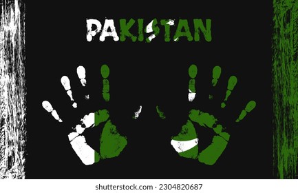 Drapeau vectoriel du Pakistan sous la forme de paumes pacifiques avec texte et coups de pinceau sur fond noir.
