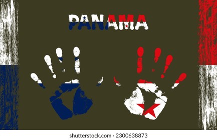 Drapeau vectoriel du Panama sous la forme de paumes pacifiques avec texte et coups de pinceau sur fond noir.