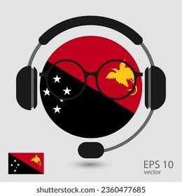 Vector flag of Papua New Guinea with headphones and glasses, vector illustration. 