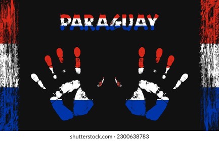 Drapeau vectoriel du Paraguay sous forme de palmiers paisibles avec texte et coups de pinceau sur fond noir.