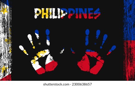 Drapeau vectoriel des Philippines sous la forme de paumes pacifiques avec texte et coups de pinceau sur fond noir.