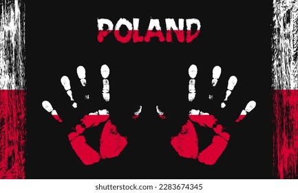 Vector flag of Poland in the form of peaceful palms with text and brush strokes on a black background.