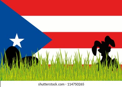 Vector Flag of Puerto Rico with Easter Eggs and Easter Bunny in grass