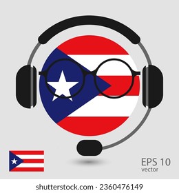 Vector flag of Puerto Rico with headphones and glasses, vector illustration. 
