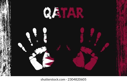 Vector flag of Qatar in the form of peaceful palms with text and brush strokes on a black background.