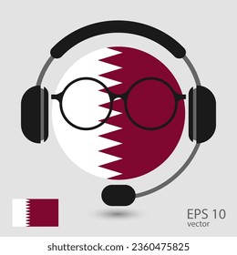 Vector flag of Qatar with headphones and glasses, vector illustration. 