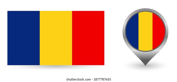 Bandera vectorial Rumania. Punto de ubicación con la bandera Rumania dentro. Símbolo de color aislado en fondo blanco. 