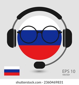 Vector flag of Russia with headphones and glasses, vector illustration. 