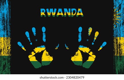 Vector flag of Rwanda in the form of peaceful palms with text and brush strokes on a black background.