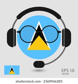 Vector flag of Saint Lucia with headphones and glasses, vector illustration. 
