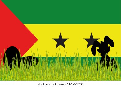 Vector Flag of Sao Tome E Principe with Easter Eggs and Easter Bunny in grass
