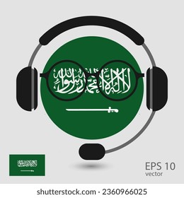 Vector flag of Saudi Arabia with headphones and glasses, vector illustration. 