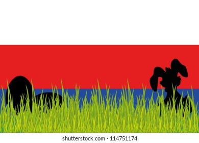 Vector Flag of Serbia with Easter Eggs and Easter Bunny in grass