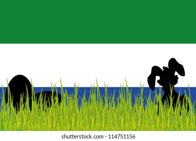 Vector Flag of Sierra Leone with Easter Eggs and Easter Bunny in grass