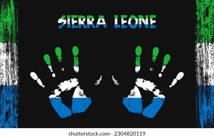 Drapeau vectoriel de la Sierra Leone sous forme de palmiers paisibles avec texte et coups de pinceau sur fond noir.