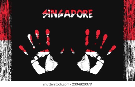 Drapeau vectoriel de Singapour sous la forme de paumes pacifiques avec texte et coups de pinceau sur fond noir.
