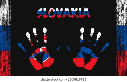 Drapeau vectoriel de Slovaquie sous forme de palmiers pacifiques avec texte et coups de pinceau sur fond noir.