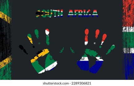 Vector flag of South Africa in the form of peaceful palms with text and brush strokes on a black background.