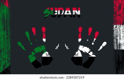 Vector flag of Sudan in the form of peaceful palms with text and brush strokes on a black background.