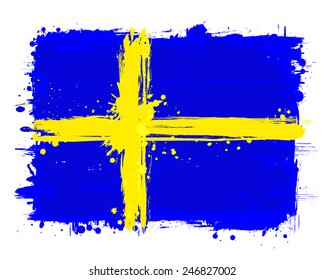 Vector flag of Sweden. EU country. Graffiti in grange style with brush strokes and paint splashes. 