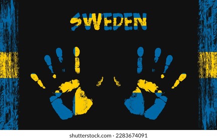 Vector flag of Sweden in the form of peaceful palms with text and brush strokes on a black background.
