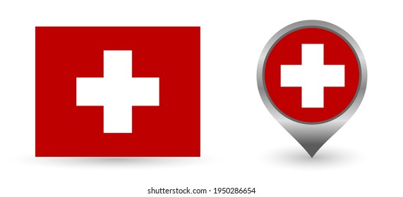 Vector flag Switzerland. Location point with flag Switzerland inside. Color symbol isolated on white background. 