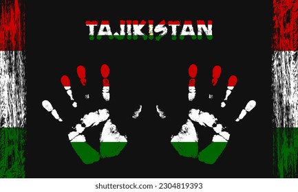 Vector flag of Tajikistan in the form of peaceful palms with text and brush strokes on a black background.