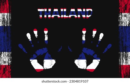 Drapeau vectoriel de la Thaïlande sous forme de palmiers pacifiques avec texte et coups de pinceau sur fond noir.