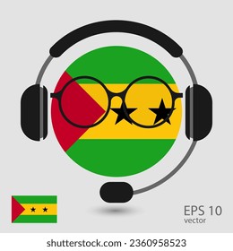 Vector flag of Tome and Principe with headphones and glasses, vector illustration. 