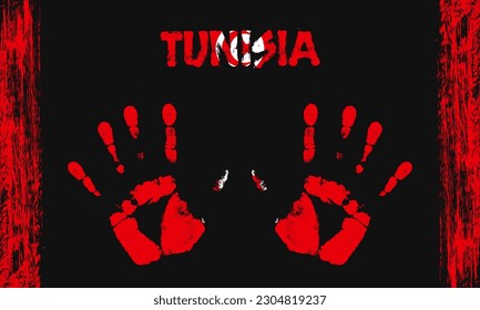Drapeau vectoriel de Tunisie sous la forme de coiffures pacifiques avec texte et coups de pinceau sur fond noir.