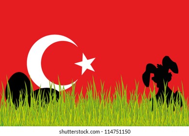 Vector Flag of Turkey with Easter Eggs and Easter Bunny in grass